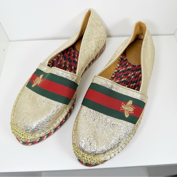 Gucci Metallic Gold Crinkled Leather Web Pilar Bee Espadrilles Flats 7 - Picture 3 of 10